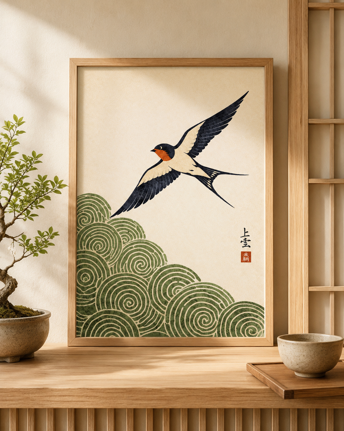 Affiche Japonaise Hirondelle & Vagues