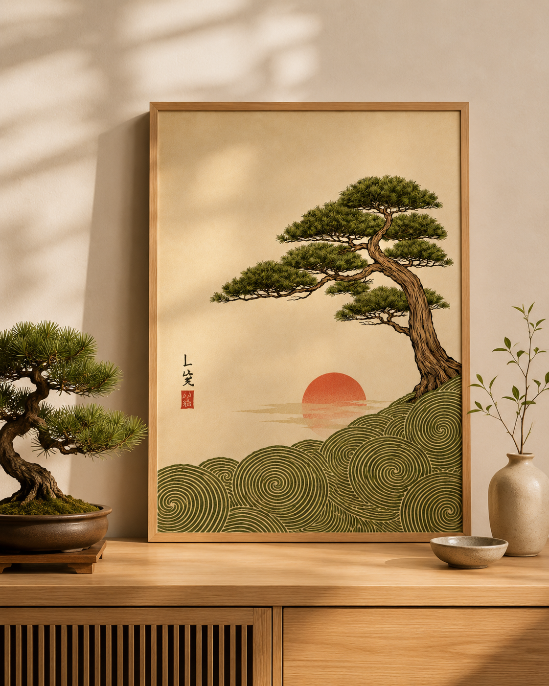 Affiche Japonaise Bonsaï, Vagues & Soleil