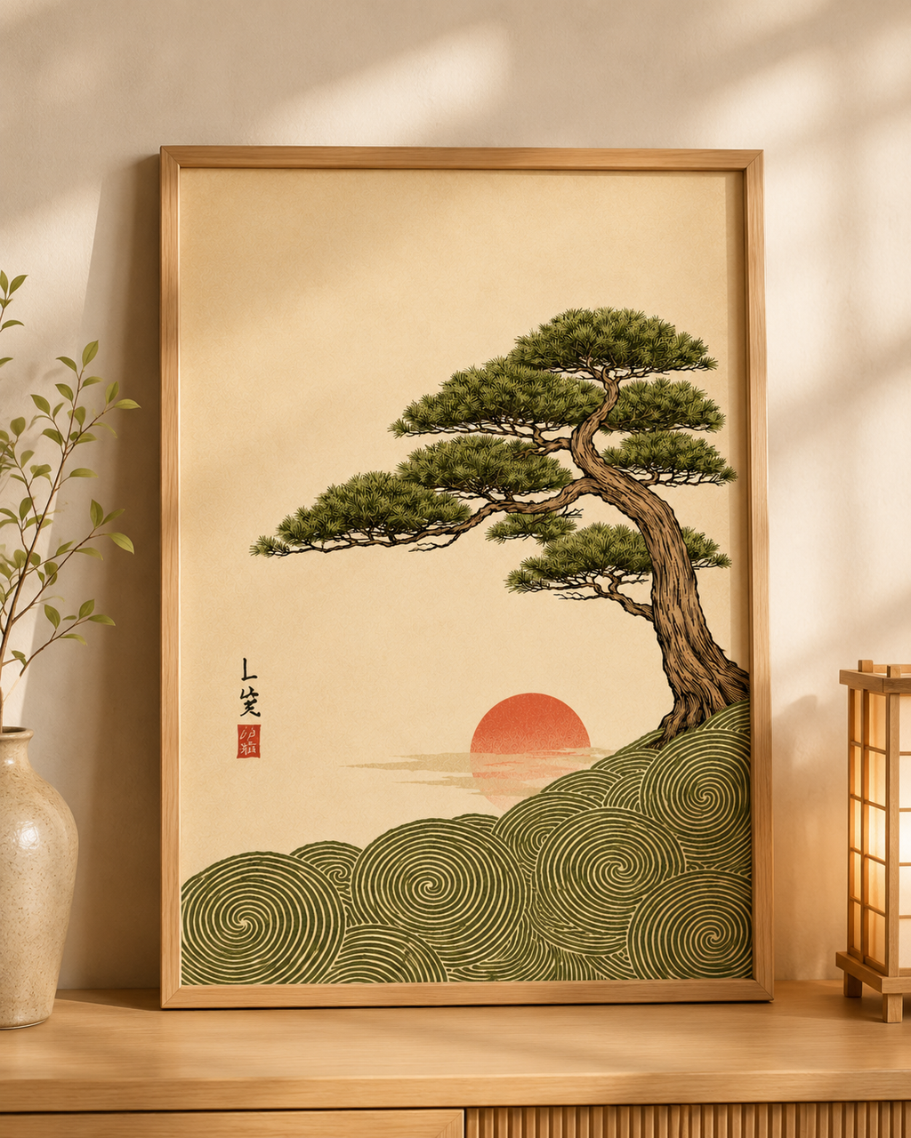 Affiche Japonaise Bonsaï, Vagues & Soleil