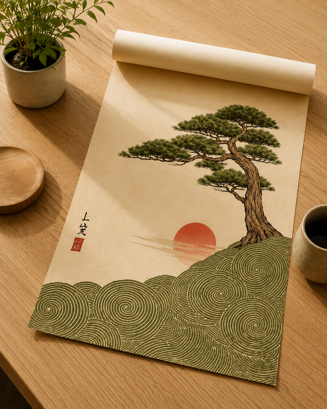 Affiche Japonaise Bonsaï, Vagues & Soleil