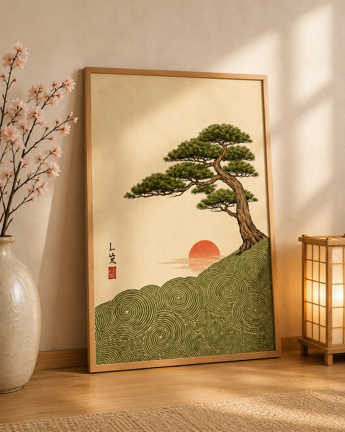 Affiche Japonaise Bonsaï, Vagues & Soleil