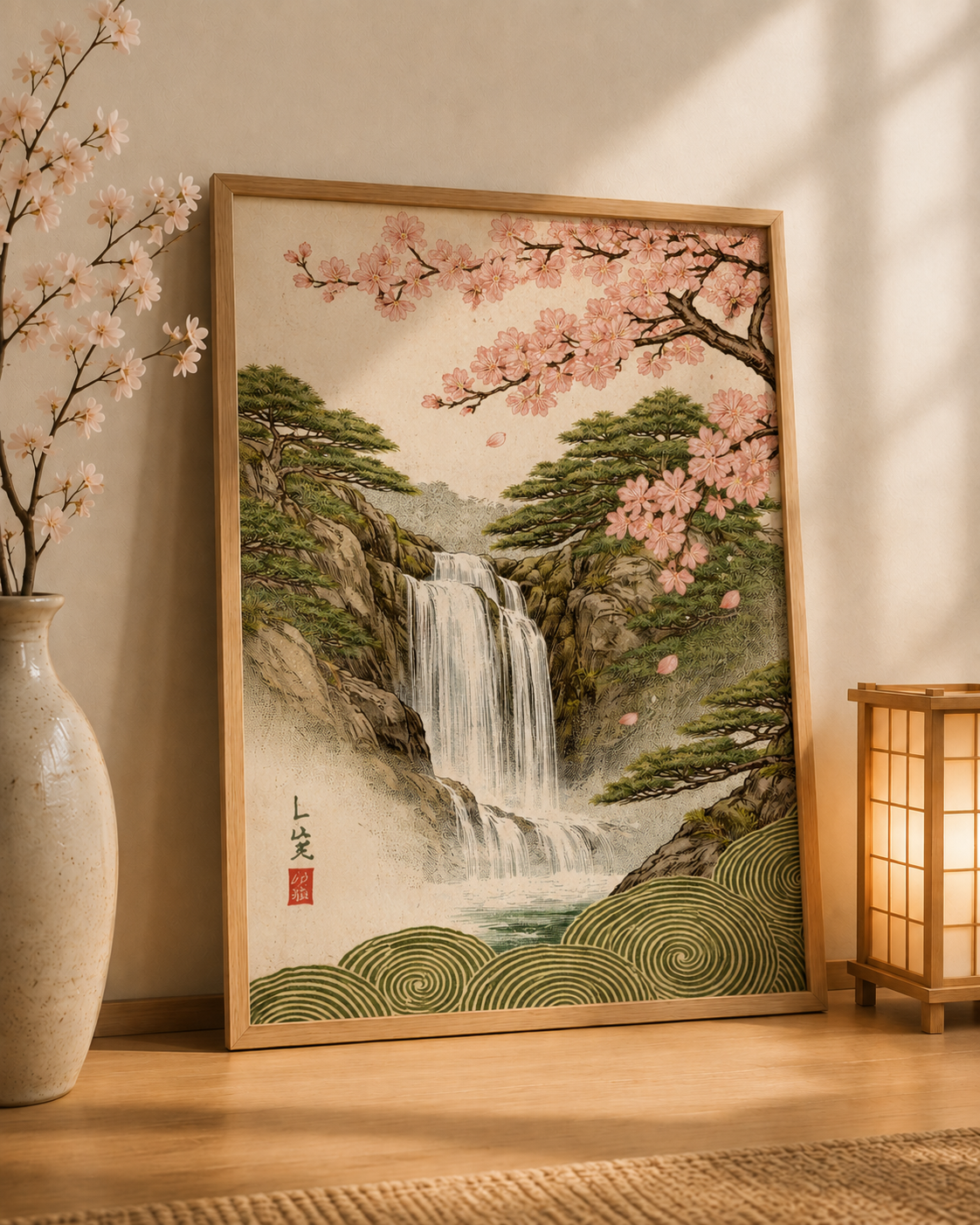 Affiche Japonaise Cascade, Sakura & Pins