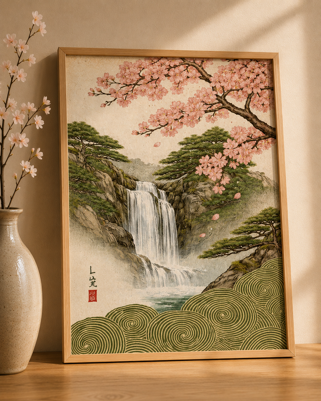 Affiche Japonaise Cascade, Sakura & Pins