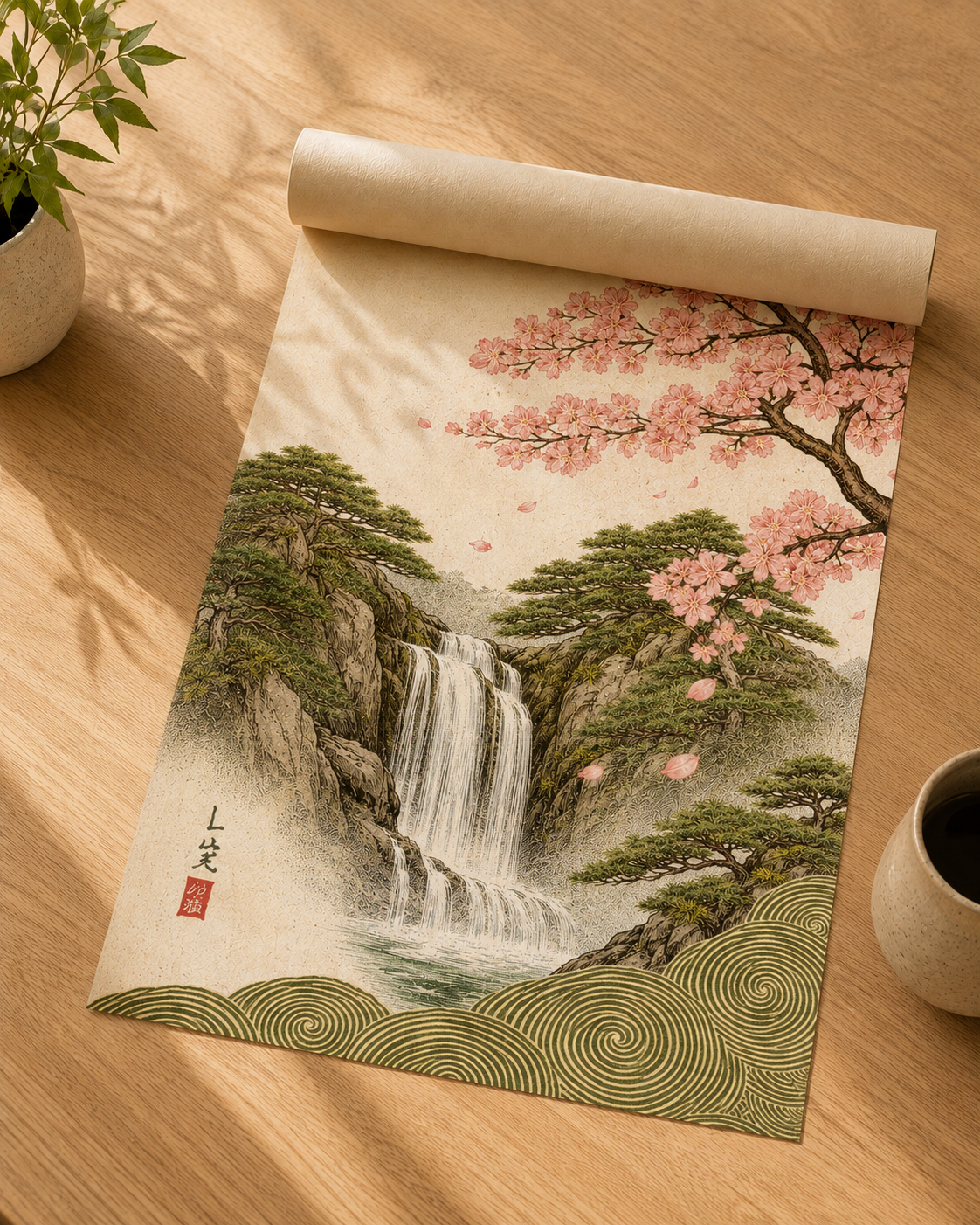 Affiche Japonaise Cascade, Sakura & Pins