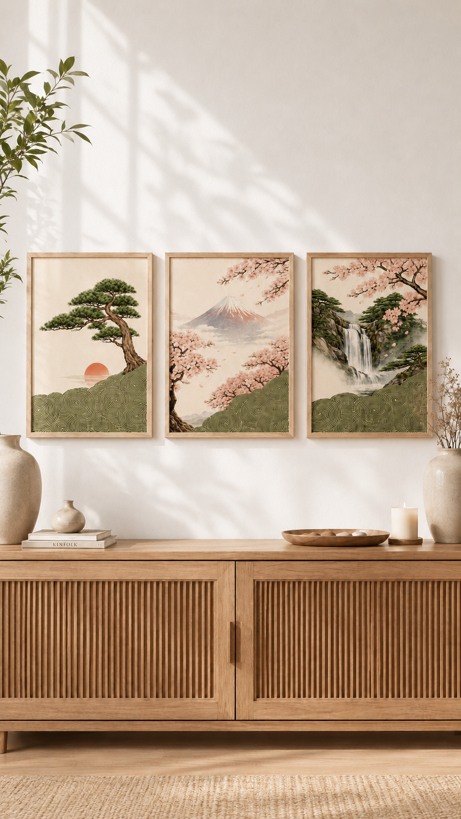 Lot de 3 affiches japonaises A3 – Cascade, Bonsaï & Mont Fuji