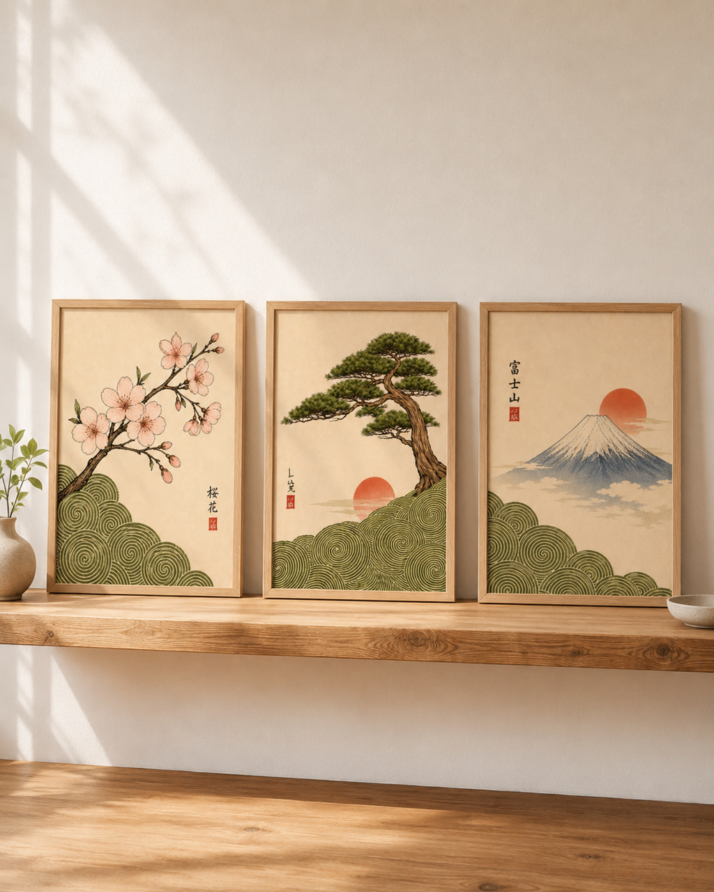 Lot de 3 affiches japonaises A3 – Sakura, Bonsaï & Mont Fuji